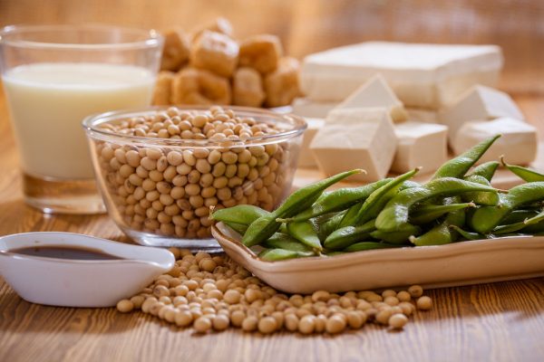  Soybeans in a Glass Bowl, Soymilk in Glass Cup, Soy Sauce in White Porcelain Dish, Tofu in the background, and Edamame on a Square Tray